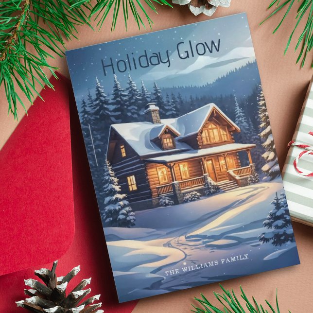 Tarjeta Festiva Navidades Holiday Glow Cabin Árboles y luces nevad (Subido por el creador)