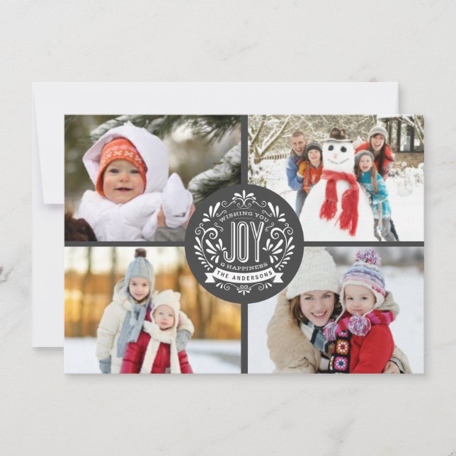 TARJETA FESTIVA NAVIDADES HOLIDAY JOY CHALK ART 4-FOTO GREETING (Anverso)