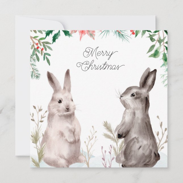 Tarjeta Festiva Navidades Holiday Watercolor Bunny. Conejo, floral (Anverso)