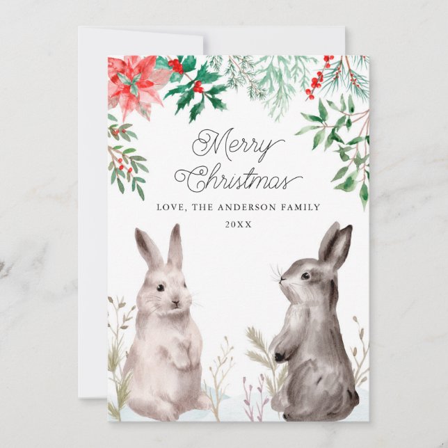 Tarjeta Festiva Navidades Holiday Watercolor Bunny. Conejo, floral (Anverso)