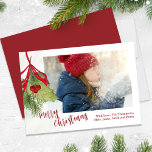 Tarjeta Festiva Navidades Holiday Winter Greenery Holly Photo<br><div class="desc">Este diseño presenta una foto verde de las vacaciones felices para los Navidades, con una sola plantilla de imagen, bayas rojas y verdes, hojas botánicas de vegetación invernal, berry de ramas de pino, un mistletoe de lazo rojo con color de agua, tarjetas de fotos de vacaciones para los Navidades, con...</div>