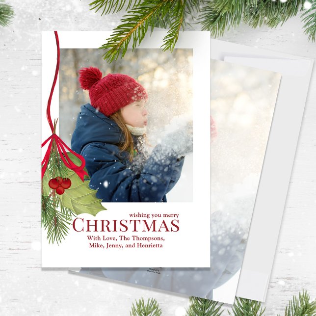 Tarjeta Festiva Navidades Holiday Winter Greenery Holly Photo (Merry Christmas Holly red calligraphy script and greenery photo card.)