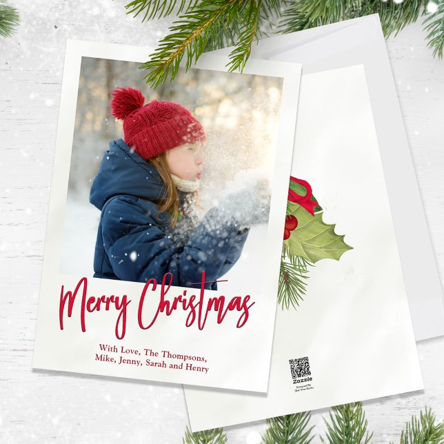 Tarjeta Festiva Navidades Holiday Winter Greenery Holly Photo (Merry Christmas Holly red calligraphy script and greenery photo card.)