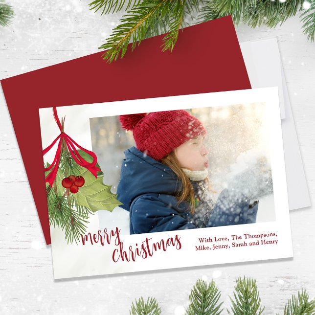 Tarjeta Festiva Navidades Holiday Winter Greenery Holly Photo (Merry Christmas holiday berries and greenery with a whimsical red ribbon.)