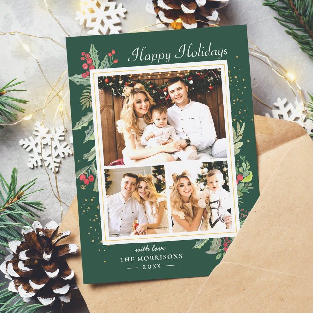 Tarjeta Festiva Navidades Holly Berries Classic Red Green 3 Foto (Example)