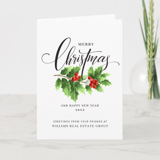 Tarjeta Festiva Navidades Holly Berry Branch Saludo corporativo (Anverso)