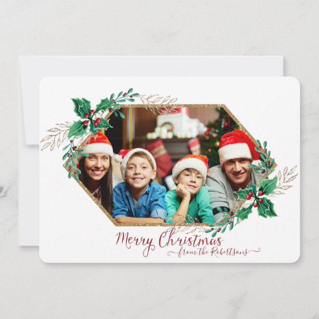 Tarjeta Festiva Navidades Holly Berry Hexagon Purpurina de oro en  (Anverso)