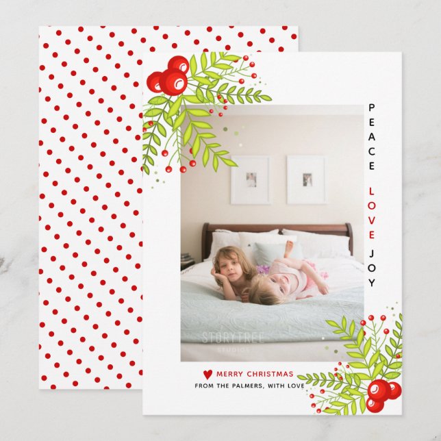 Tarjeta Festiva Navidades holly berry Peace Love Joy foto Holiday (Anverso / Reverso)