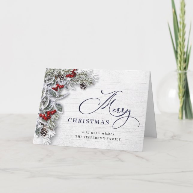 Tarjeta Festiva Navidades Holly Berry Pine Rustic Greeting (Anverso)