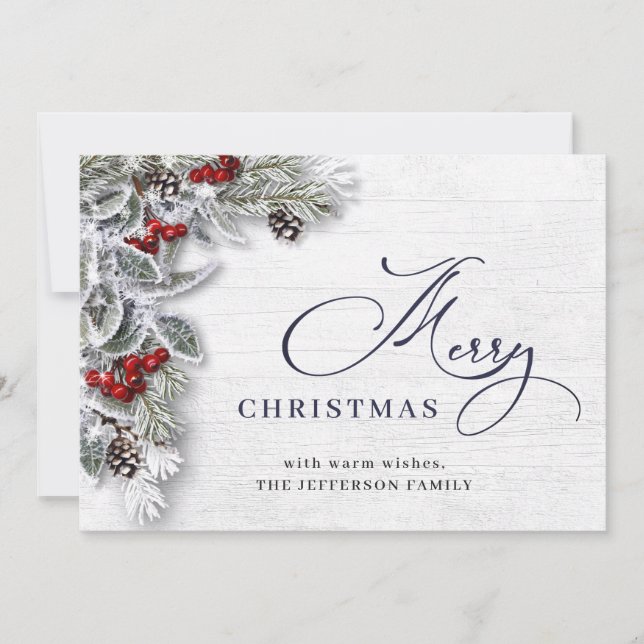 Tarjeta Festiva Navidades Holly Berry Pine Rustic Greeting (Anverso)