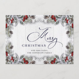Tarjeta Festiva Navidades Holly Berry Pine Rustic Wood Greeting