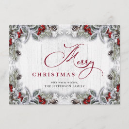 Tarjeta Festiva Navidades Holly Berry Pine Rustic Wood Greeting