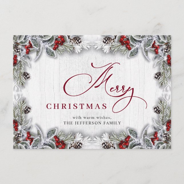 Tarjeta Festiva Navidades Holly Berry Pine Rustic Wood Greeting (Anverso)