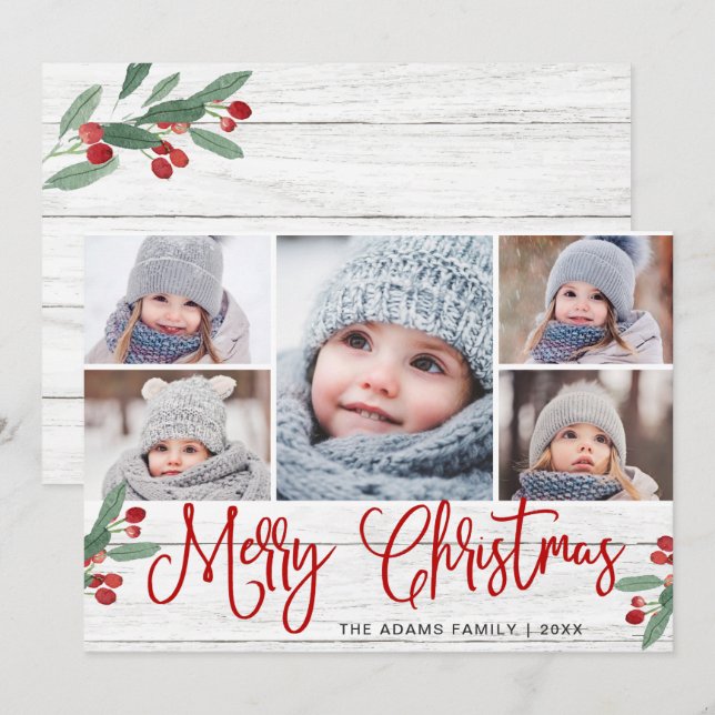 Tarjeta Festiva Navidades Holly Berry Rustic 5 Fotos de bienvenida (Anverso / Reverso)