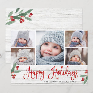 Tarjeta Festiva Navidades Holly Berry Rustic 5 Fotos de bienvenida