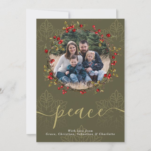 Tarjeta Festiva Navidades Holly Berry Wreath Photo Template (Anverso)