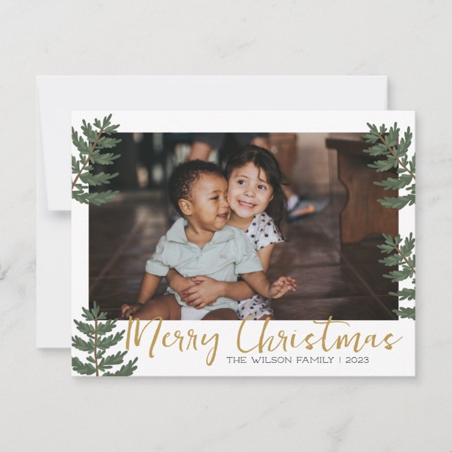 Tarjeta Festiva Navidades Holly Botanical Greenery Family Photo (Anverso)
