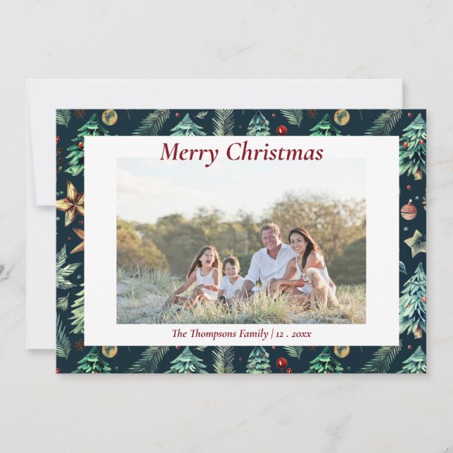 Tarjeta Festiva Navidades Holly Botanical Greenery Photo Navy (Anverso)