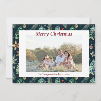 Tarjeta Festiva Navidades Holly Botanical Greenery Photo Navy