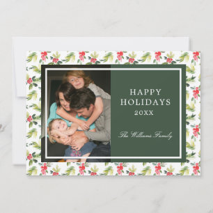 Tarjeta Festiva Navidades Holly de época, patrón de cerezo y pin