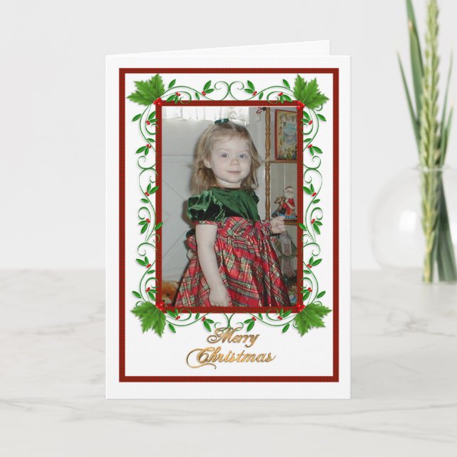 Tarjeta Festiva Navidades Holly Frame card con foto (Anverso)