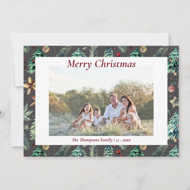 Tarjeta Festiva Navidades Holly Greenery Botánico Foto Carbón (Anverso)