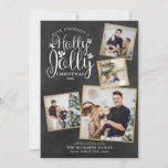 Tarjeta Festiva Navidades Holly Jolly Collage de fotos Chalkboard<br><div class="desc">Un elegante diseño de vacaciones de collage de fotos Holly Jolly 4 para que puedas personalizar con tus fotos favoritas enmarcadas en oro,  mensaje,  nombres y año en un fondo de pizarra. El reverso presenta copos de nieve cayendo sobre un fondo de pizarra coincidente. Diseñado por Thisisnotme©</div>