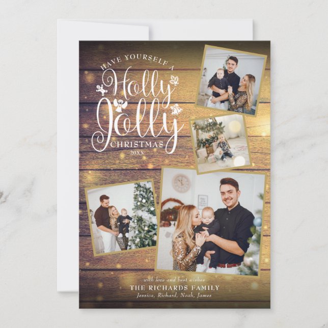 Tarjeta Festiva Navidades Holly Jolly Collage de fotos Rustic Wood (Anverso)