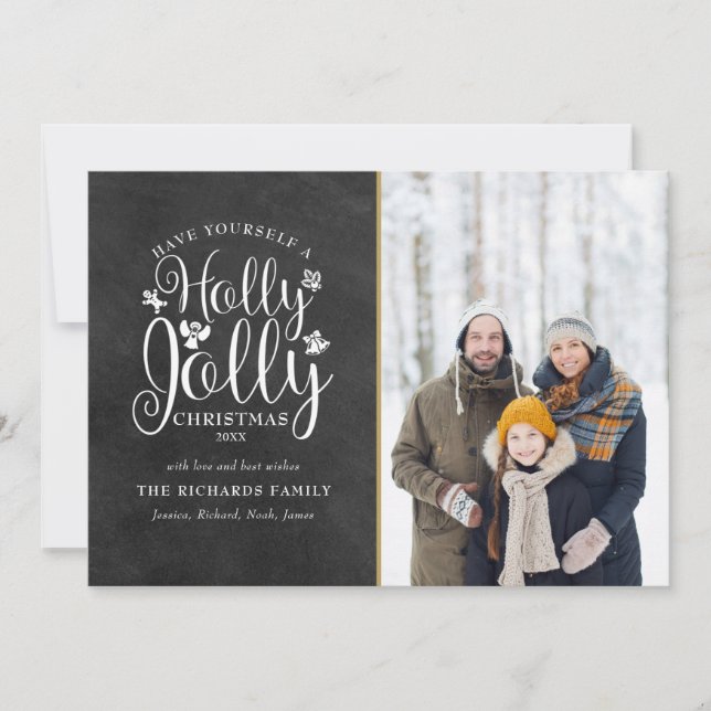 Tarjeta Festiva Navidades Holly Jolly Script Chalkboard Photo (Anverso)
