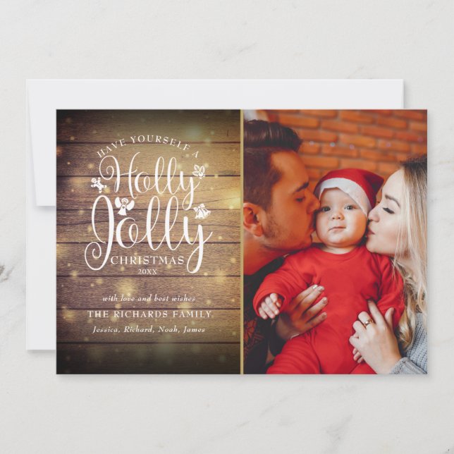 Tarjeta Festiva Navidades Holly Jolly Script Rustic Wood Photo (Anverso)
