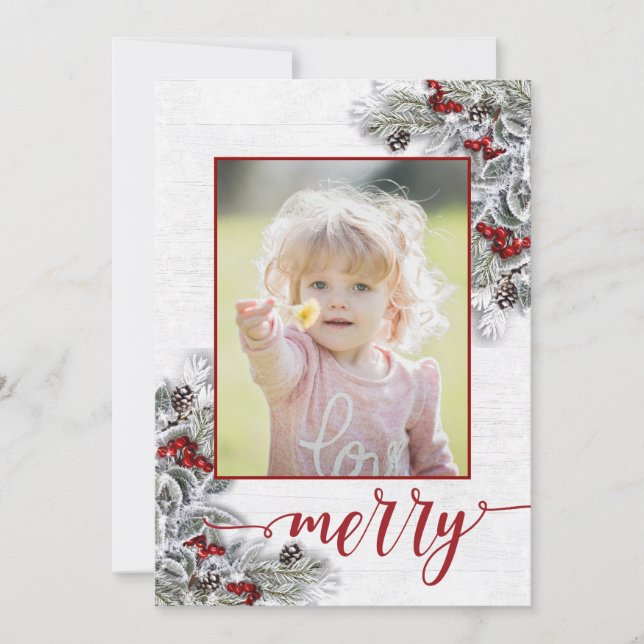 Tarjeta Festiva Navidades Holly Pine Rustic Photo Greet (Anverso)