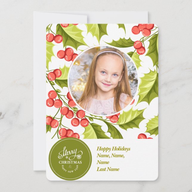 Tarjeta Festiva Navidades Holly | Una foto| Vacaciones mínimas (Anverso)