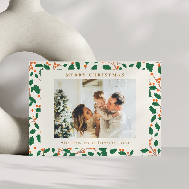 Tarjeta Festiva Navidades Holly Verdor Botánico Dos Retro Foto (Subido por el creador)