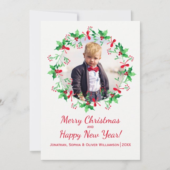 Tarjeta Festiva Navidades Holly Watercolor Wreath Holiday Photo (Anverso)