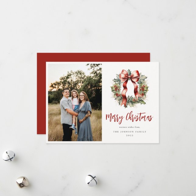 Tarjeta Festiva Navidades Holly Wreath Photo (Anverso/Reverso In Situ)