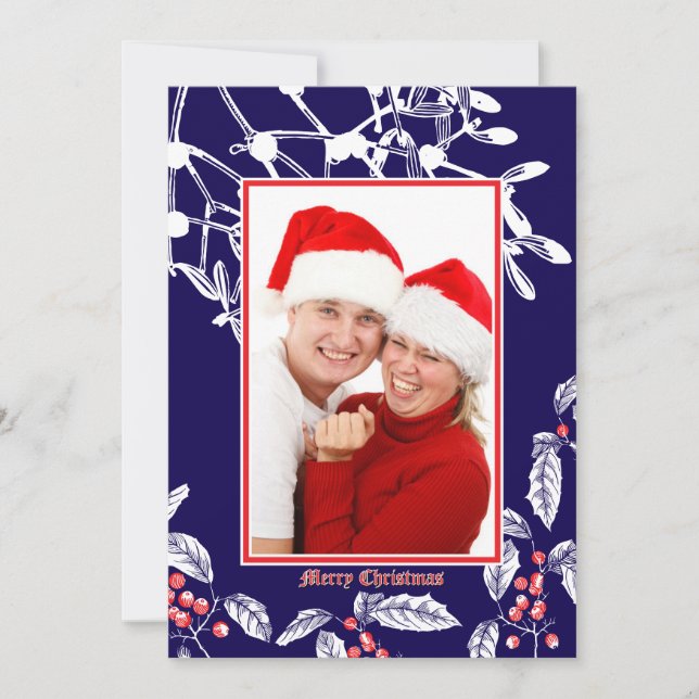 Tarjeta Festiva Navidades Holly y Mistletoe Borde de Arte Botánico (Anverso)