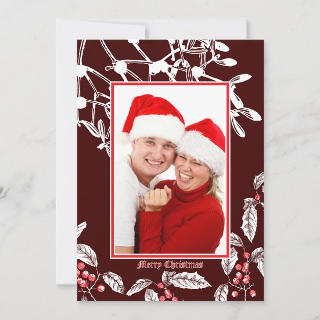 Tarjeta Festiva Navidades Holly y Mistletoe Borde de Arte Botánico (Anverso)