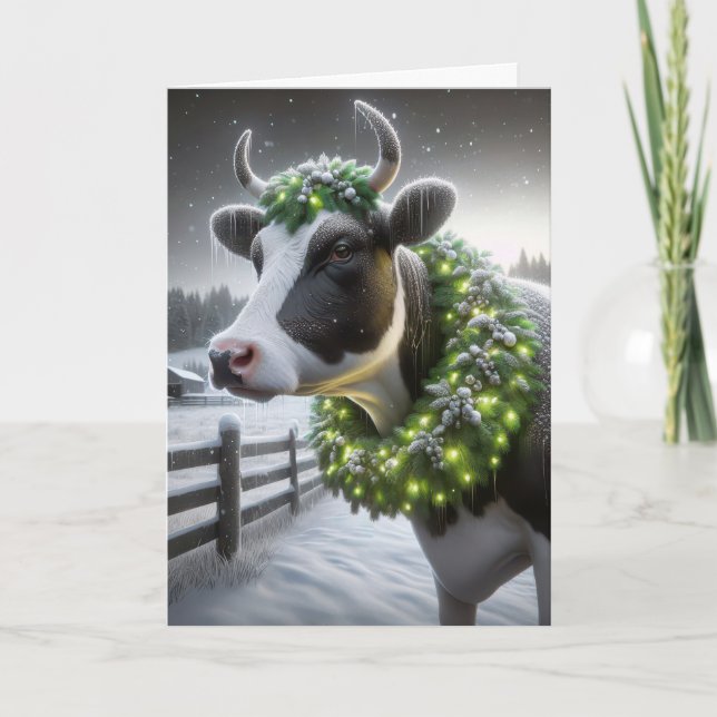 Tarjeta Festiva Navidades Holstein Vaca Con Guirnalda Brillante (Anverso)