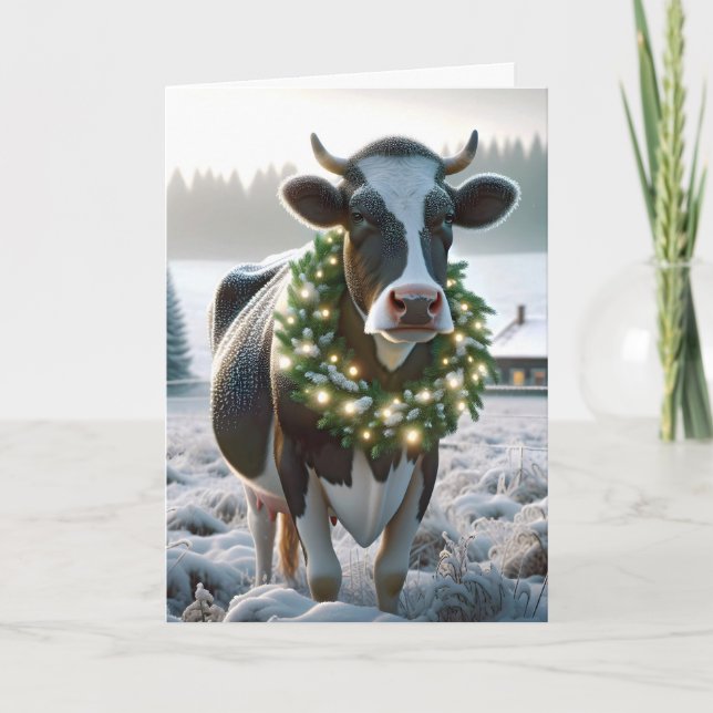 Tarjeta Festiva Navidades Holstein Vaca Con Guirnalda Brillante (Anverso)