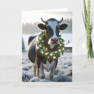 Tarjeta Festiva Navidades Holstein Vaca Con Guirnalda Brillante