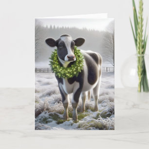 Tarjeta Festiva Navidades Holstein Vaca Usando Wreath de vacacione