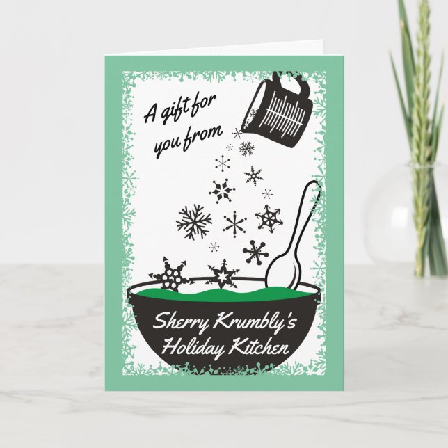 Tarjeta Festiva Navidades horneando copos de nieve en la taza de m (Anverso)