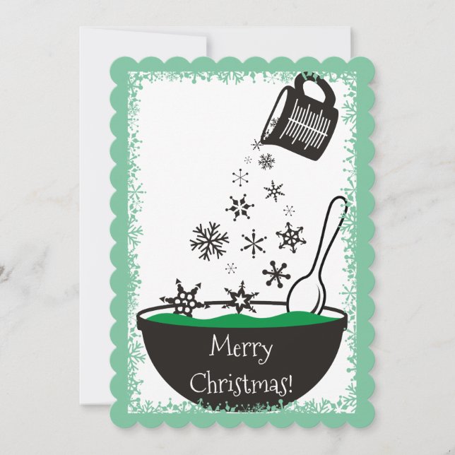 Tarjeta Festiva Navidades horneando copos de nieve en la taza de m (Anverso)