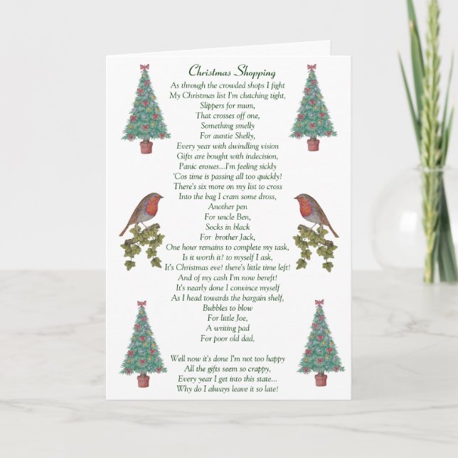 Tarjeta Festiva navidades humorísticos poema robin y árbol de navi (Anverso)