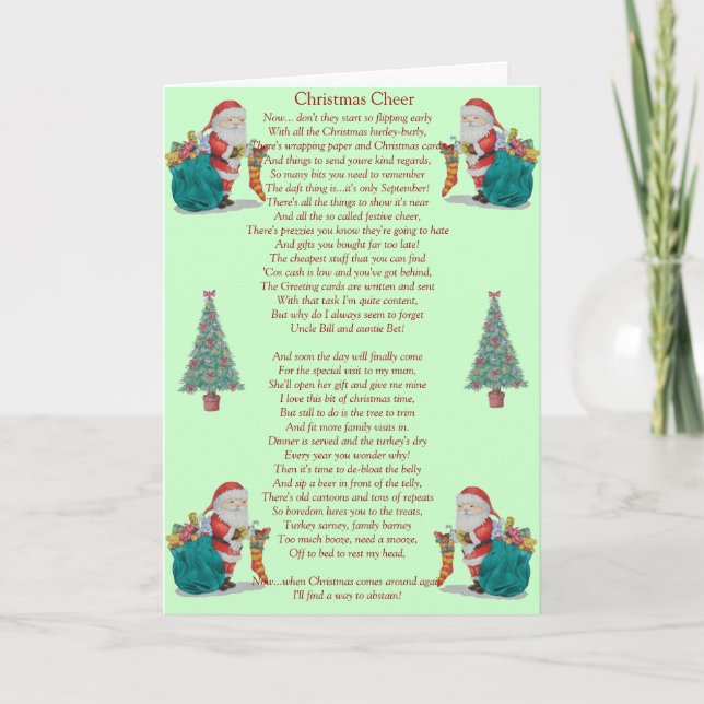 Tarjeta Festiva navidades humorísticos poema santa y árbol de navi (Anverso)