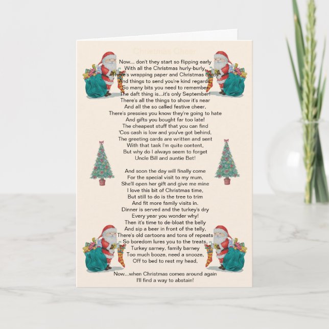 Tarjeta Festiva navidades humorísticos poema santa y arte de árbol (Anverso)