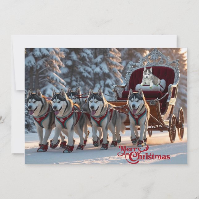 Tarjeta Festiva Navidades Huskies sacando Sleigh Personalizado (Anverso)