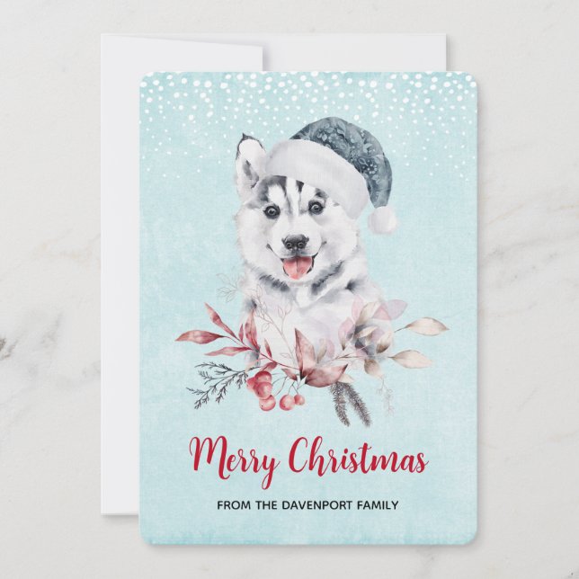 Tarjeta Festiva Navidades Husky Dog en Santa Hat (Anverso)