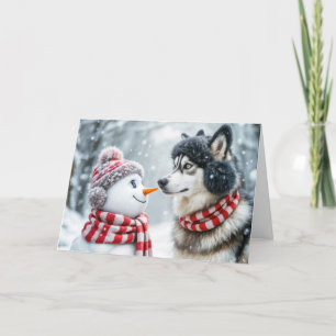 Tarjeta Festiva Navidades Husky Dog y Snowman Friends