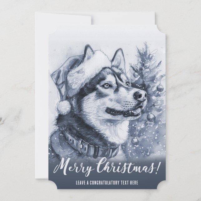 Tarjeta Festiva Navidades Husky Siberiano Azul (Anverso)